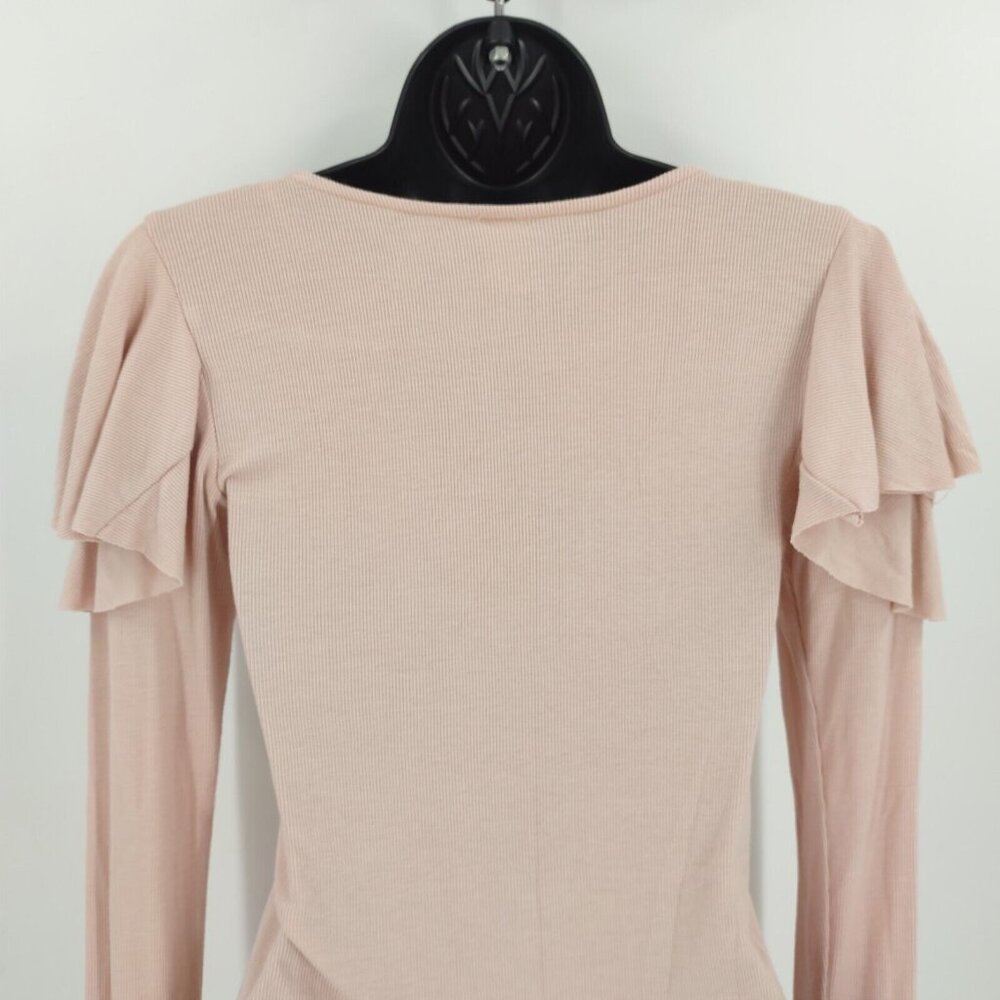 FP We The Free Sz XS Light Pink Round Neck Ruffle Shoulder Long Sleeve Casual T - Picture 6 of 8